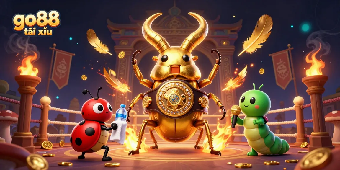 Engage in go88 tài xỉu, showcasing a golden stag beetle champion striving for victory in a vibrant casino scene.