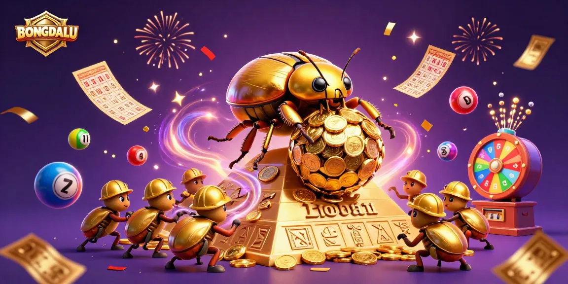 BONGDALU showcases a vibrant illustration of beetles rolling gold coins, celebrating casino excitement with lottery elements.