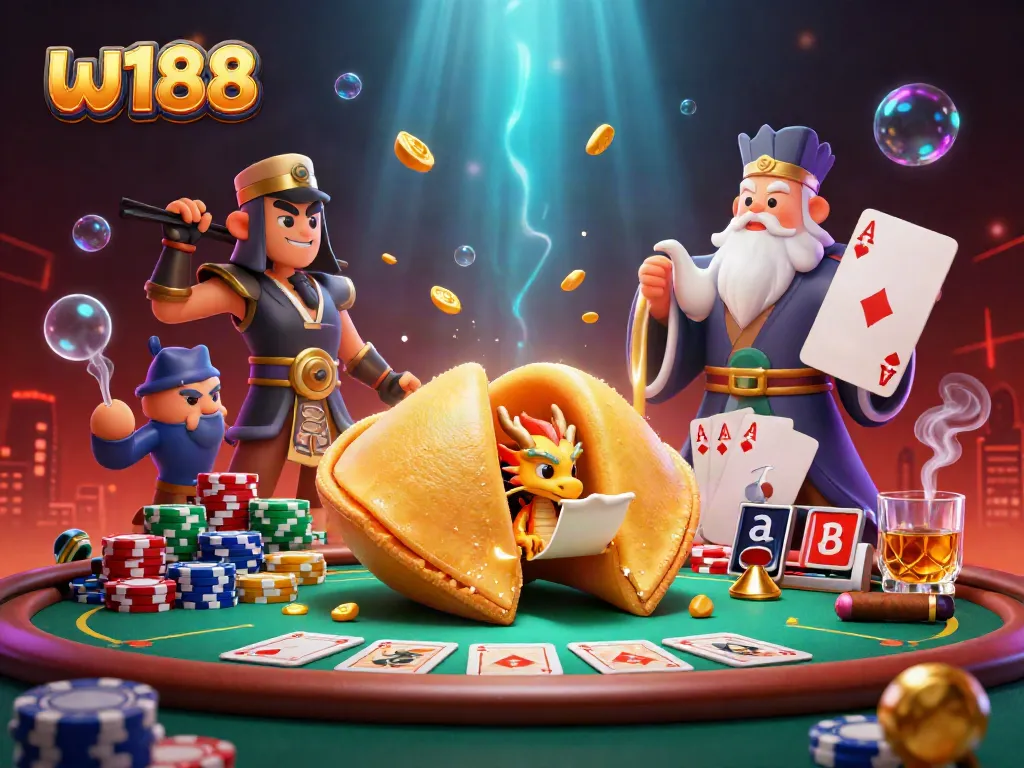 Experience thrilling moments at w188 with a wise dragon revealing fortunes from a golden cookie amid a vibrant casino scene.