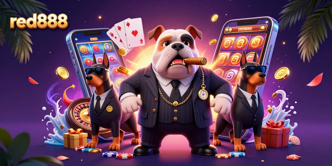 Engage with red888's dynamic casino scene featuring a cartoon bulldog and coins erupting.