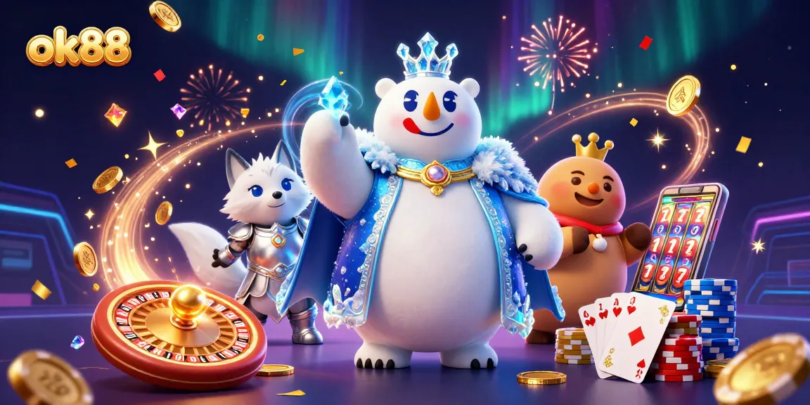 Engage with ok88's thrilling betting world featuring majestic characters amid vibrant casino elements.