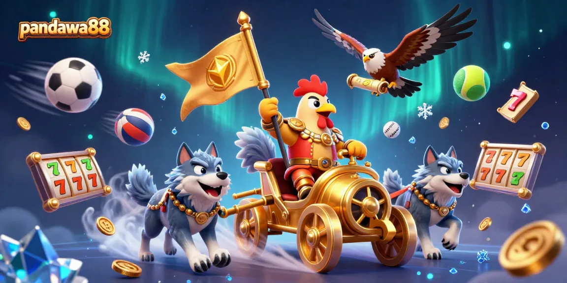 Immerse in pandawa88 excitement with a dynamic 3D rooster warlord scene featuring golden elements and gambling symbolism.