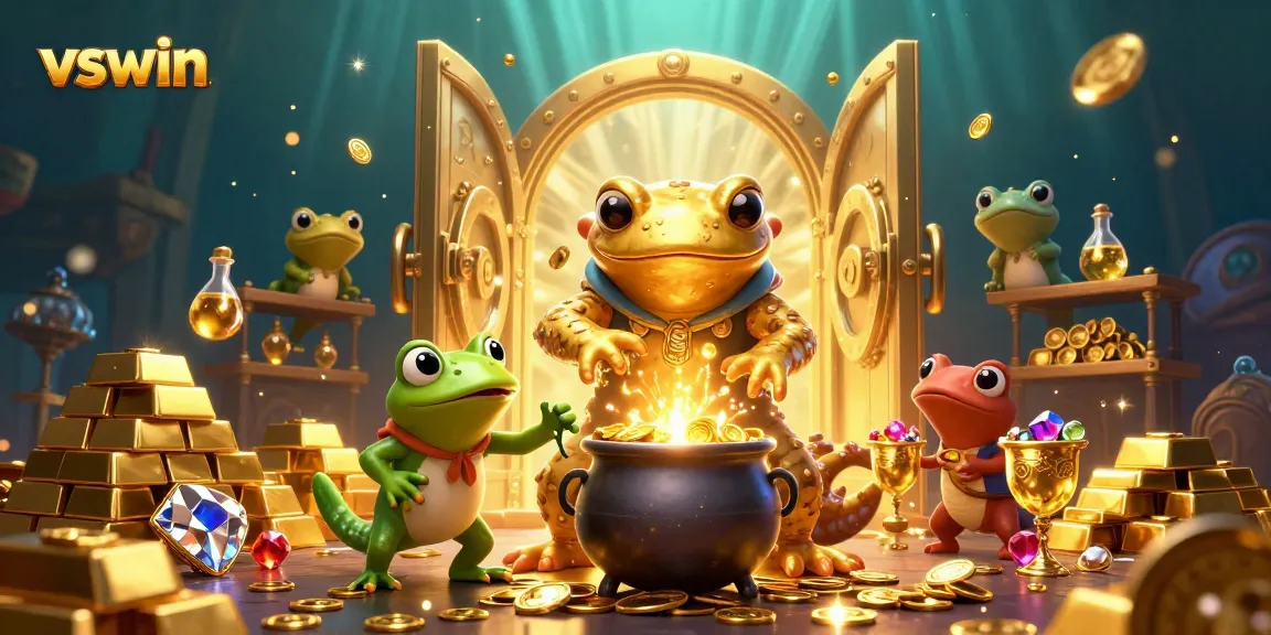 Experience the thrill of gaming with vswin's dynamic 3D casino illustration featuring magical characters and treasures.