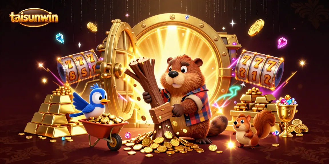 Experience the excitement of taisunwin with a vibrant casino-themed 3D illustration full of gold and treasures.