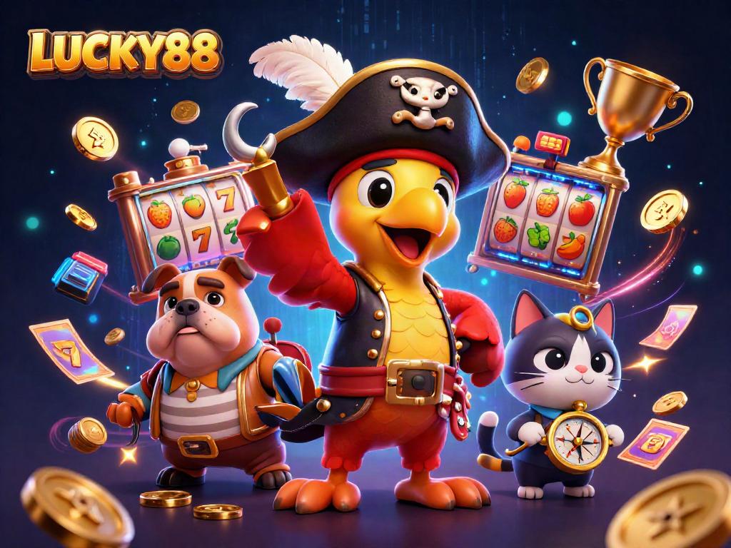 Engage with the thrilling LUCKY88 slot experience featuring vibrant characters and dynamic casino elements.