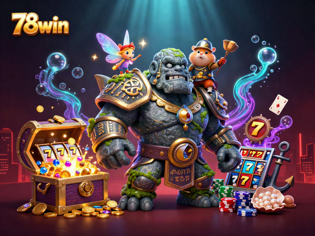 Experience thrilling moments at 78win with vibrant gaming action featuring golem and magical companions.