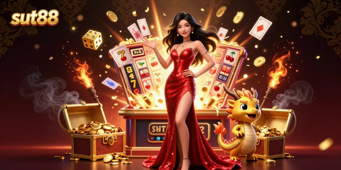Sut88 celebrates online gaming with a stunning woman in a red gown, vibrant game elements, and a golden dragon mascot.
