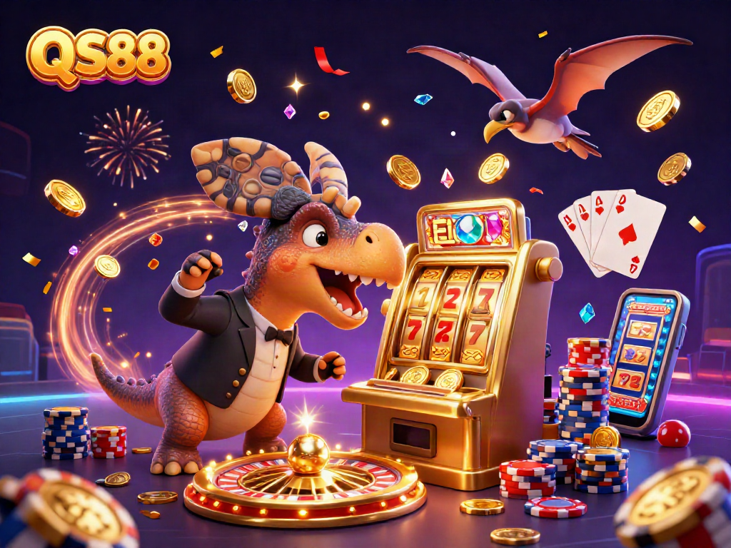 QS88 captures an exhilarating jackpot moment with characters celebrating casino winnings.