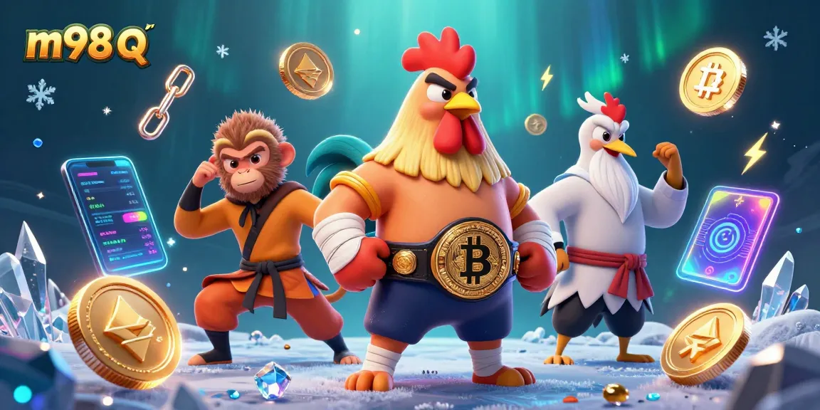 Experience thrilling action with m98 q in a vibrant 3D casino scene featuring iconic characters and crypto elements.