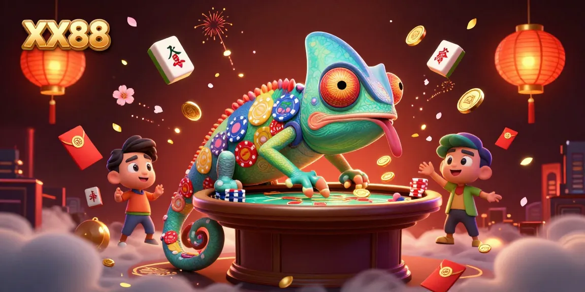 Experience vibrant gameplay at XX88 casino with a colorful chameleon and festive gaming elements.