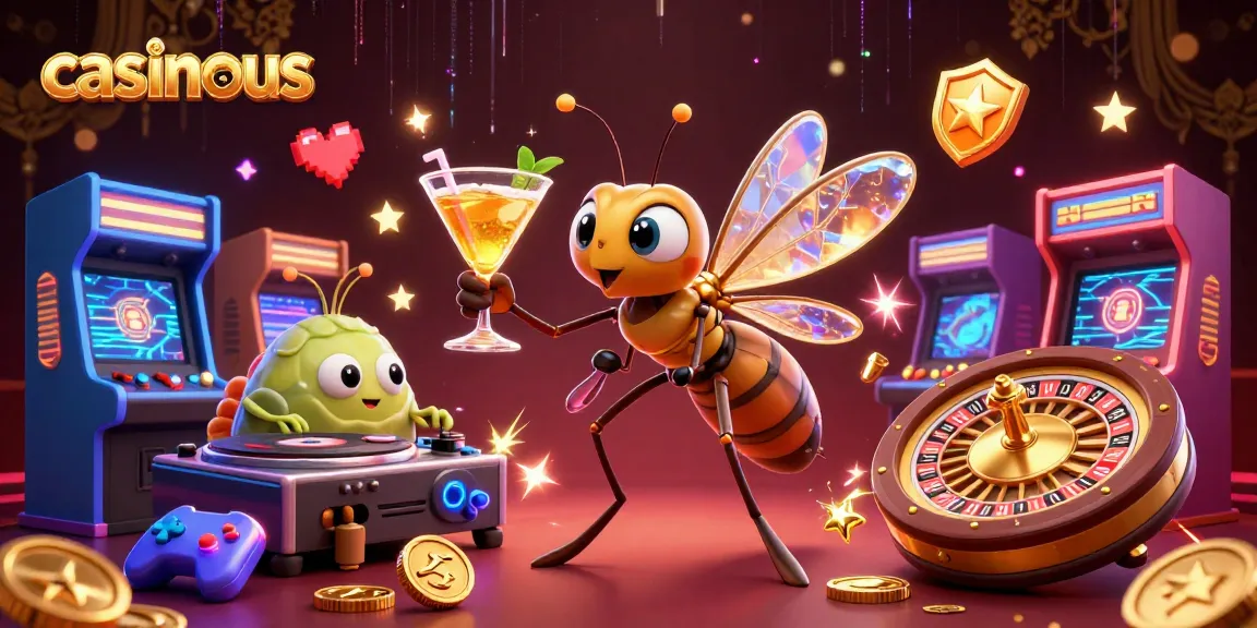 Enjoy vibrant casino gaming with casinous featuring a mosquito mascot, trilobite DJ, and roulette wheel.