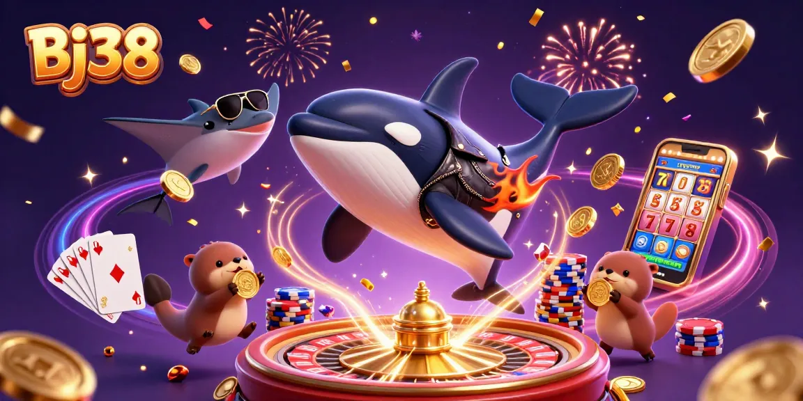 Experience thrilling action at Bj38 with a playful orca, stingray, and otters amongst casino elements.