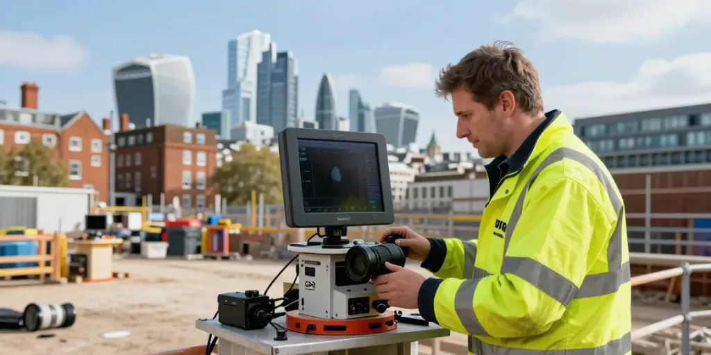 GPR Survey London technician operating radar equipment on a construction site in urban London.