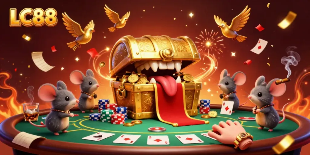 Experience thrilling gameplay with LC88 as adventurer mice gather around a vibrant poker scene.