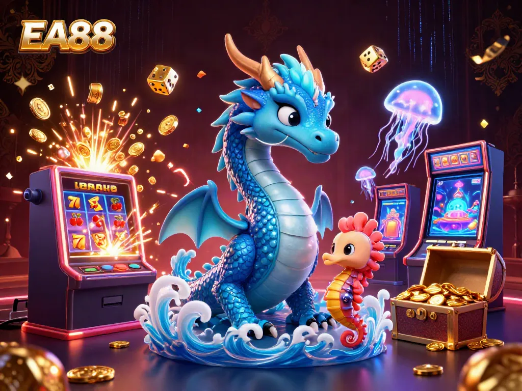 Engage with EA88's vibrant casino adventure featuring a dragon and seahorse knight amidst jackpot excitement.