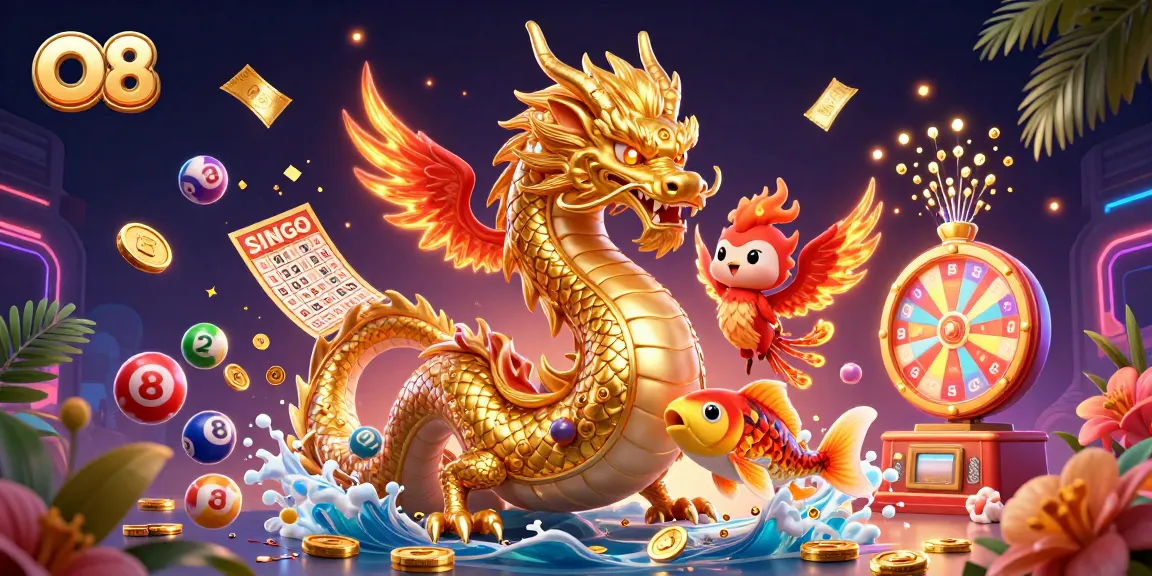 Spin through a stunning 3D O8 casino scene featuring a golden dragon, phoenix, and koi, capturing the excitement of online gambling.