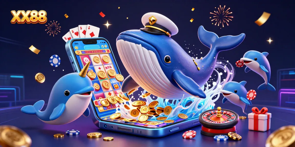 Experience the thrill of XX88 with a captivating whale, narwhal, and dolphins in a vibrant casino scene.