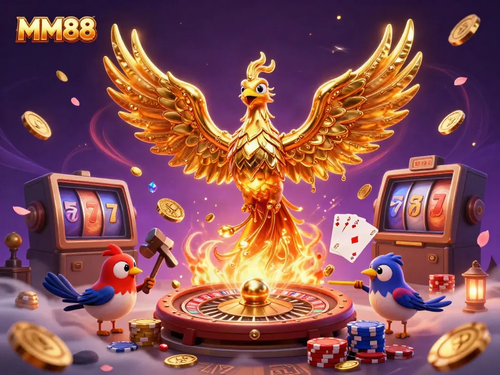 Experience the thrill of MM88 with a dazzling golden phoenix rising amid cascading coins and gems.