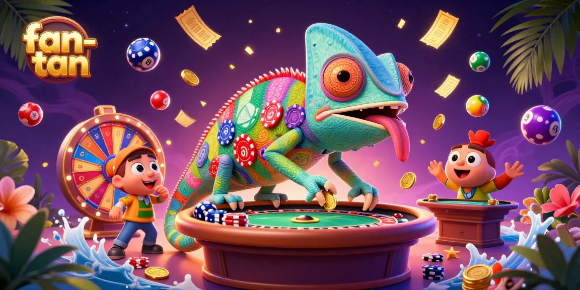 Experience the excitement of fan-tan with a vibrant scene featuring a colorful chameleon casino owner.
