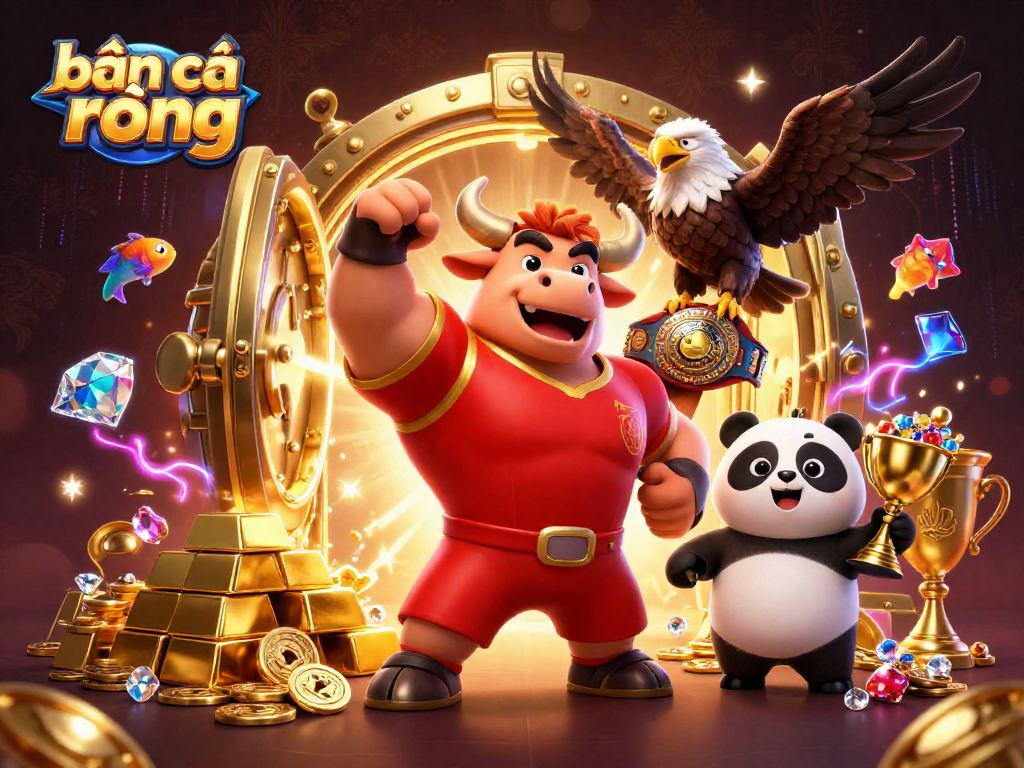Engage in bắn cá rồng excitement with a 3D illustration of a bull mascot, eagle, and panda amidst gold and gems.