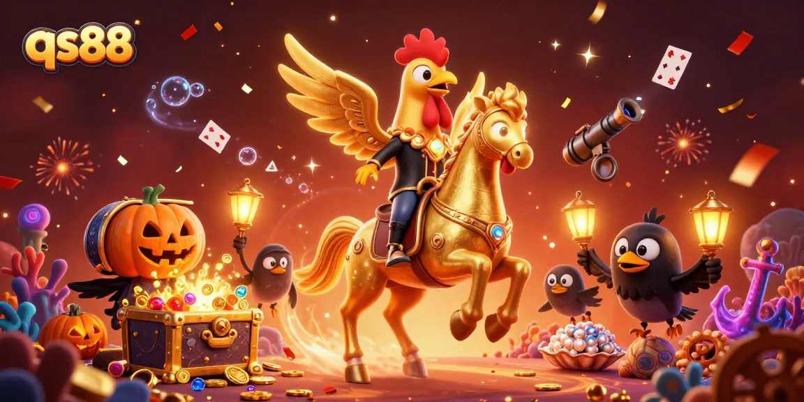 Experience the thrilling action of qs88 gaming with a vibrant scene of the golden rooster and friends in a midnight casino.