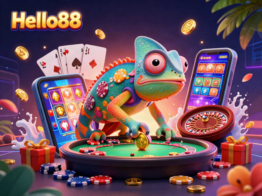 Spin with Hello88 as the chameleon casino owner captivates players in a vibrant gaming scene.
