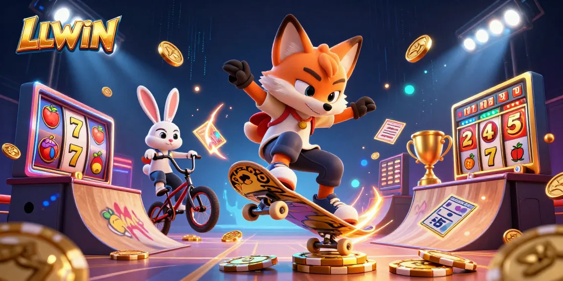 LLWIN showcases exhilarating 3D cartoon characters playing vibrant casino games amidst flying slot elements and dynamic effects.