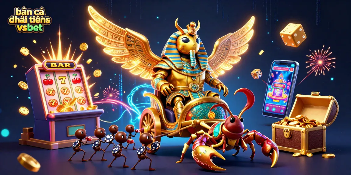 Bắn cá đổi thưởng vsbet illustration with golden scarab beetle, slot machines, and dynamic casino elements, rich detail.