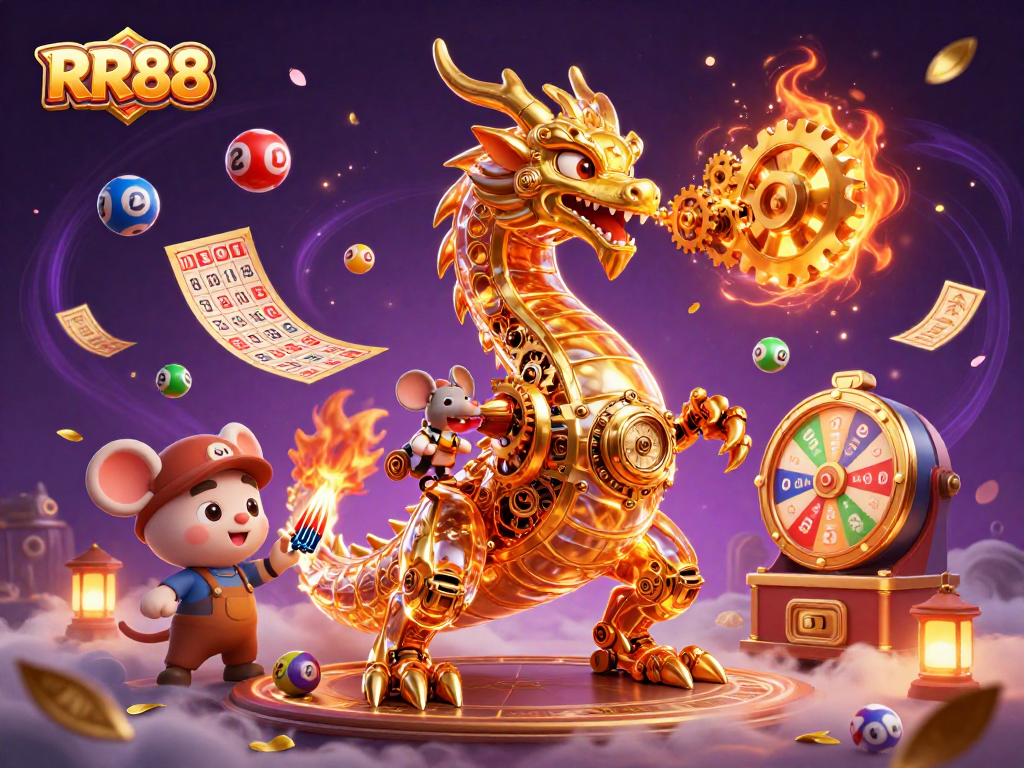 Experience thrilling wins at RR88 with a vibrant illustration showcasing dynamic lottery games and engaging characters.