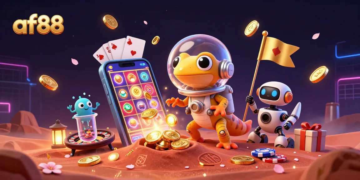 Spin the reels at af88 with a vibrant Martian gecko celebrating at a golden casino.