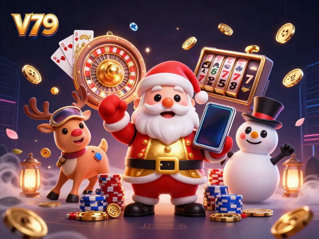 Experience the excitement of the V79 casino with Santa Claus, his reindeer, and a snowman winning jackpots while surrounded by coins and gems.