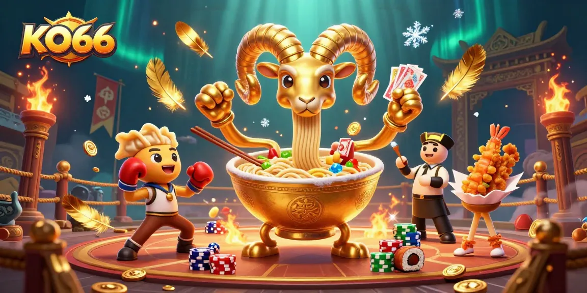 Engage in thrilling games at KO66, featuring playful characters like a ramen bowl dealer and festive cheerleaders.