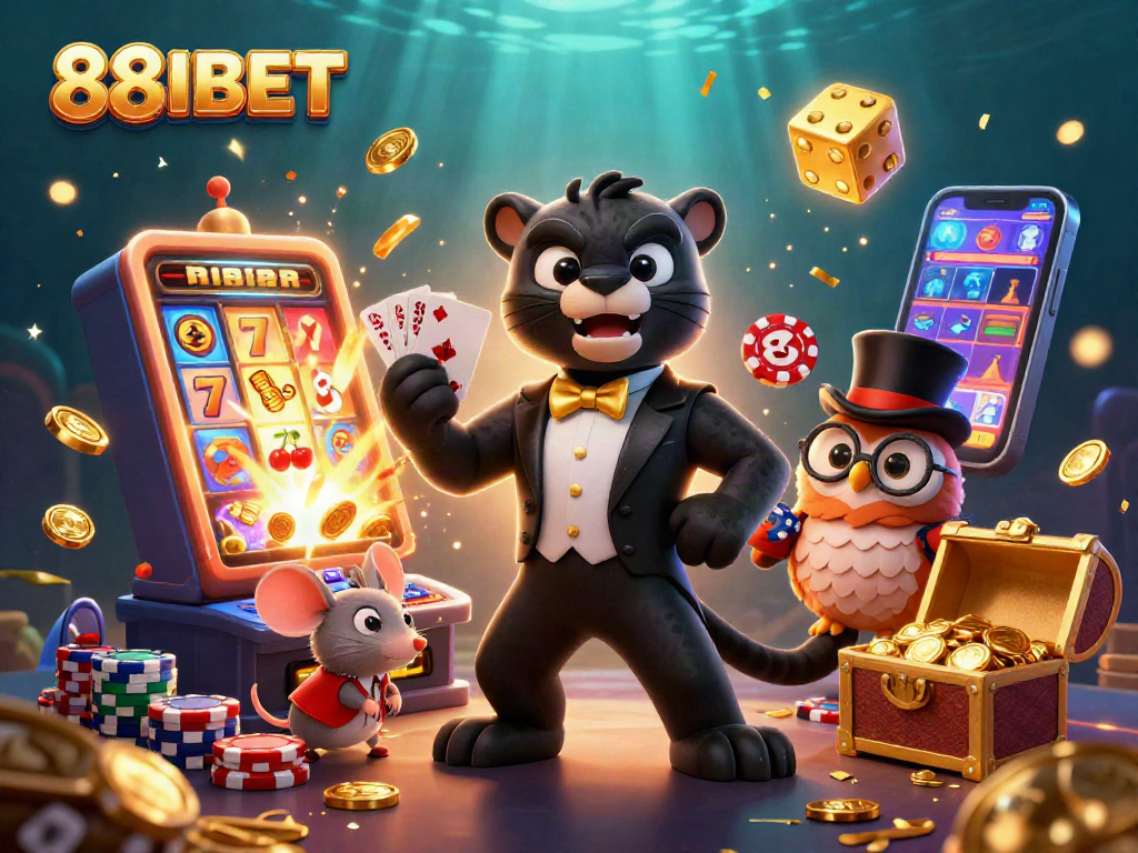 88IBET brings luck with a stylish panther, owl, and mouse in this vibrant casino scene.
