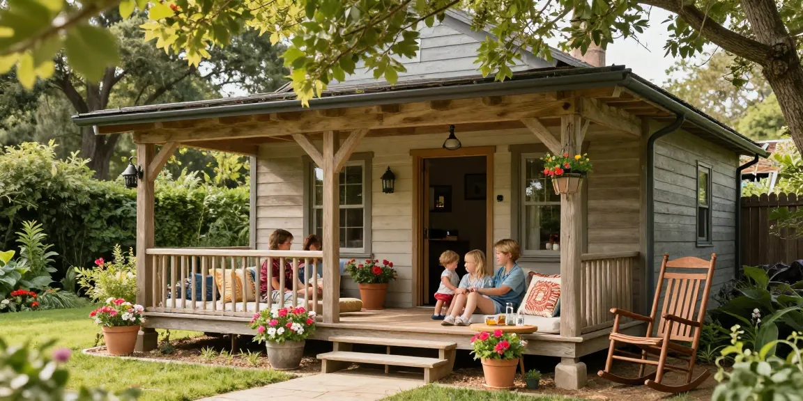 Elegant oak porch with family enjoying drinks in a lush garden.