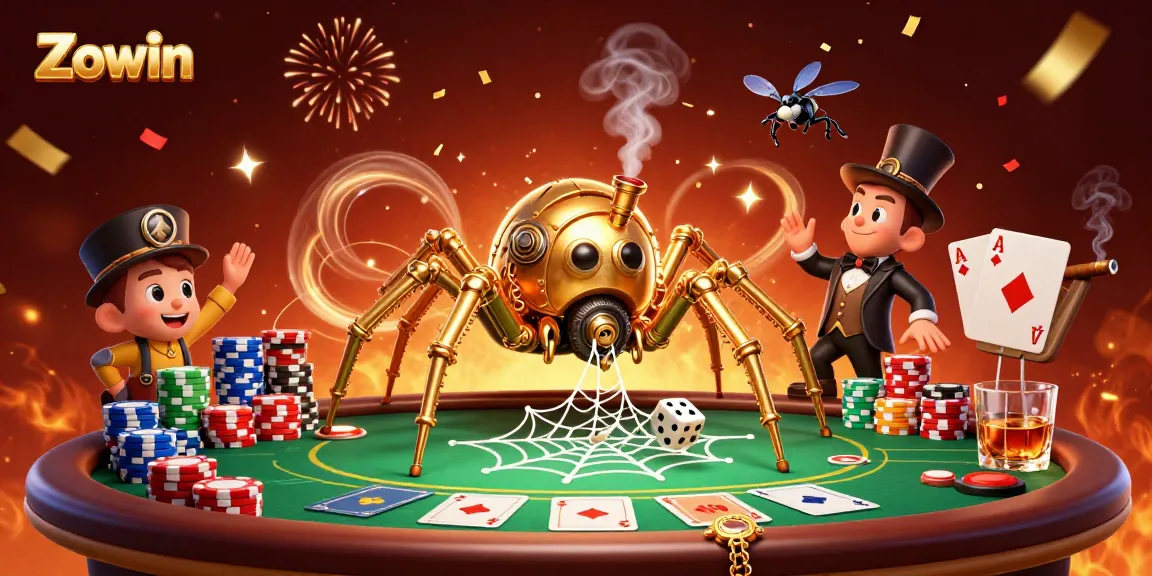 Zowin spins the reels of fortune, capturing dice with a gleaming web in a vibrant casino scene.