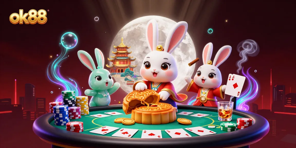 Bet on ok88 with a vibrant 3D casino scene featuring poker chips and a mystical moon rabbit.