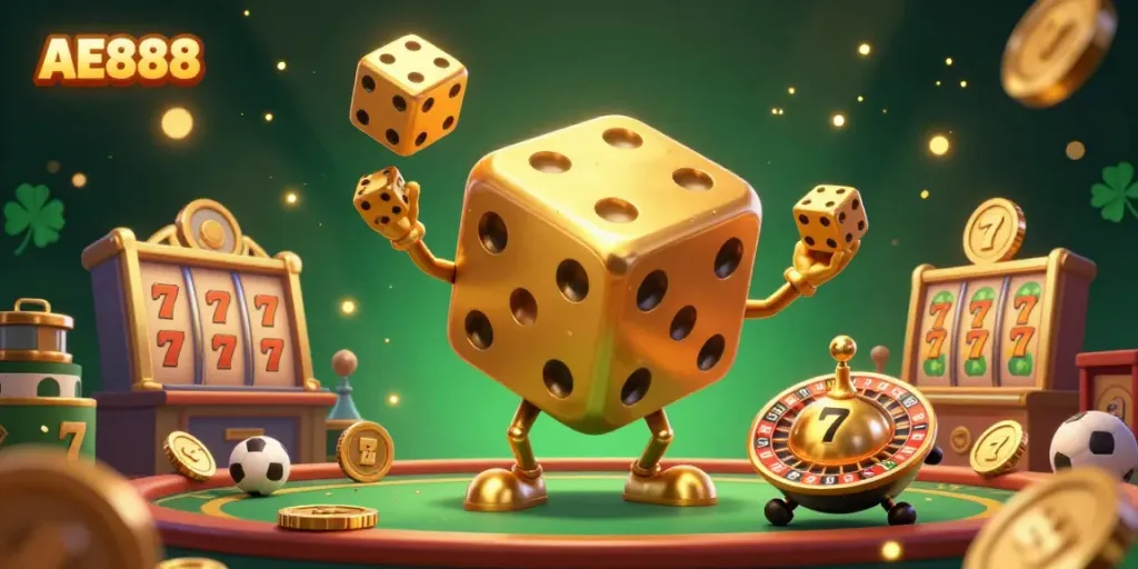 Engage with AE888's vibrant casino world showcasing a golden dice golem juggling, sports and slot symbols captivating players.