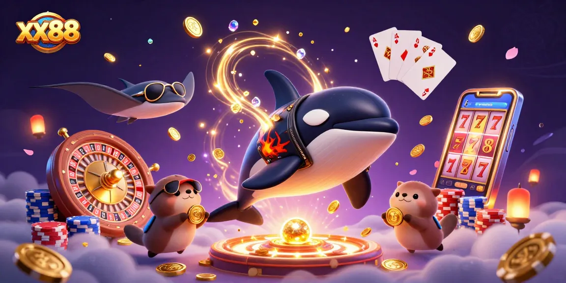 Experience the thrill of winning with xx88 as the orca whale jumps amidst cascading coins and vibrant casino elements.