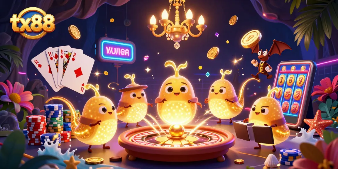 Experience the excitement of tx88 gaming with glowworms lighting a vibrant casino scene.