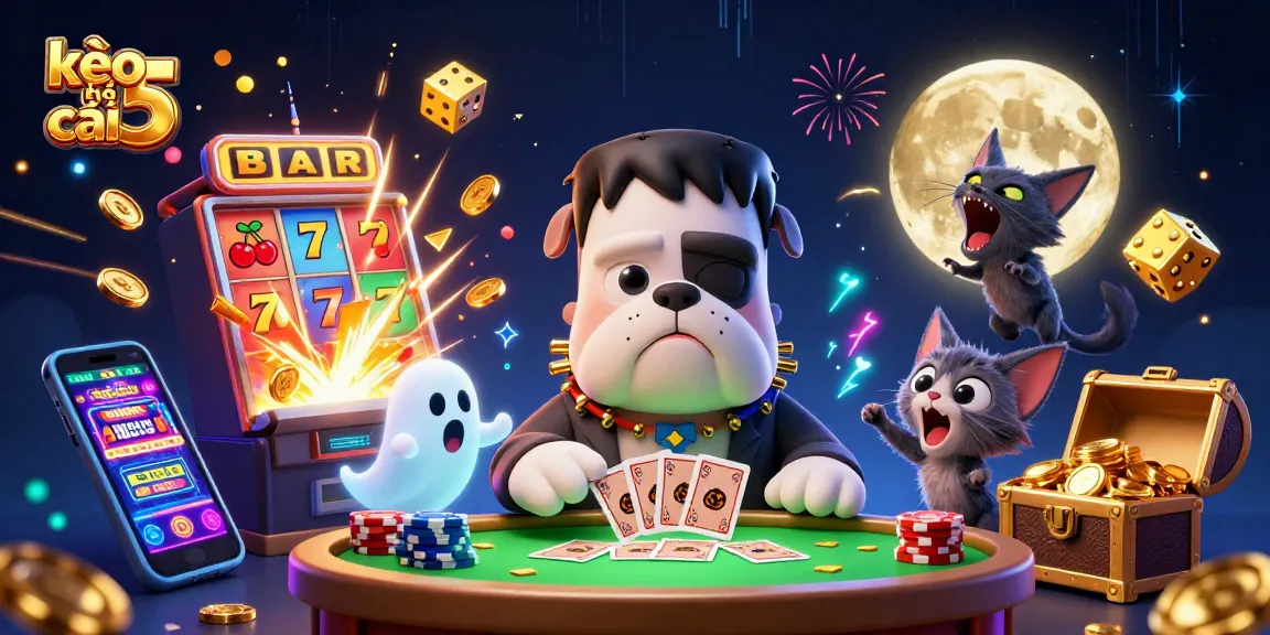 Experience the thrills of kèo nhà cái 5 with a whimsical casino scene featuring colorful characters and dynamic game elements.