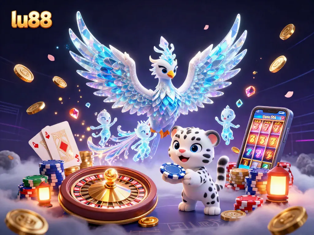 Experience the excitement of lu88 casino with a dynamic scene featuring a vibrant ice phoenix and gaming elements.