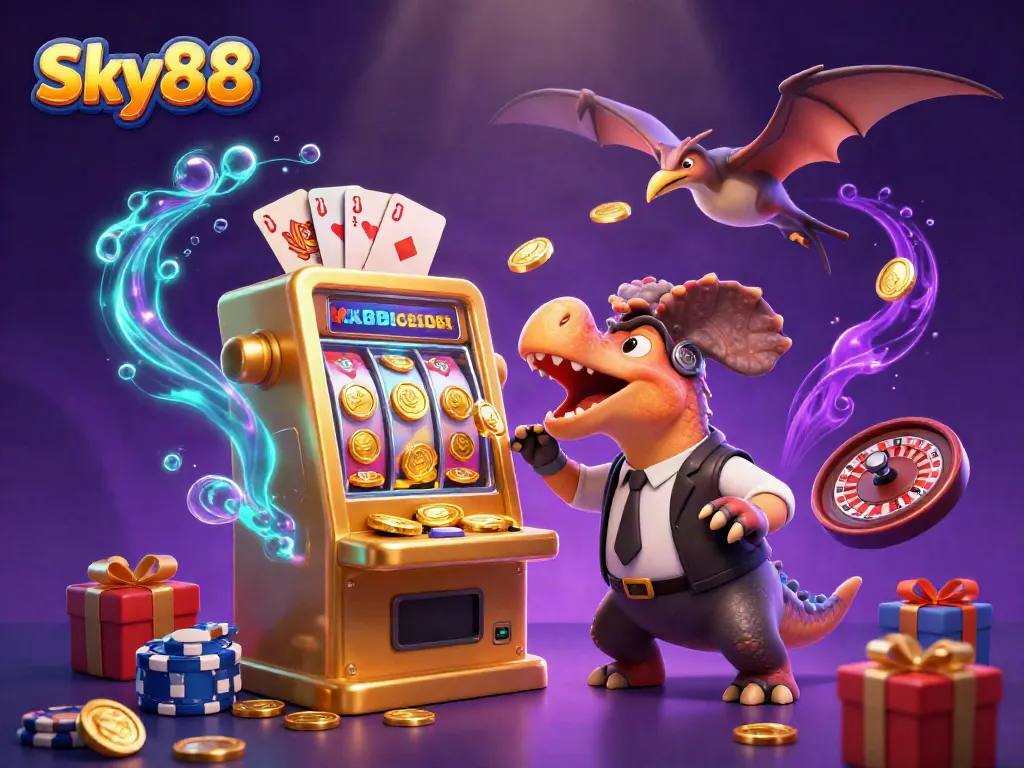 Experience the thrill of Sky88 as a pachycephalosaurus engages a golden slot machine, amid vibrant casino elements.