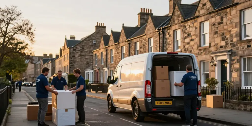 House Clearance Edinburgh team loading a van in a warm, inviting neighborhood.