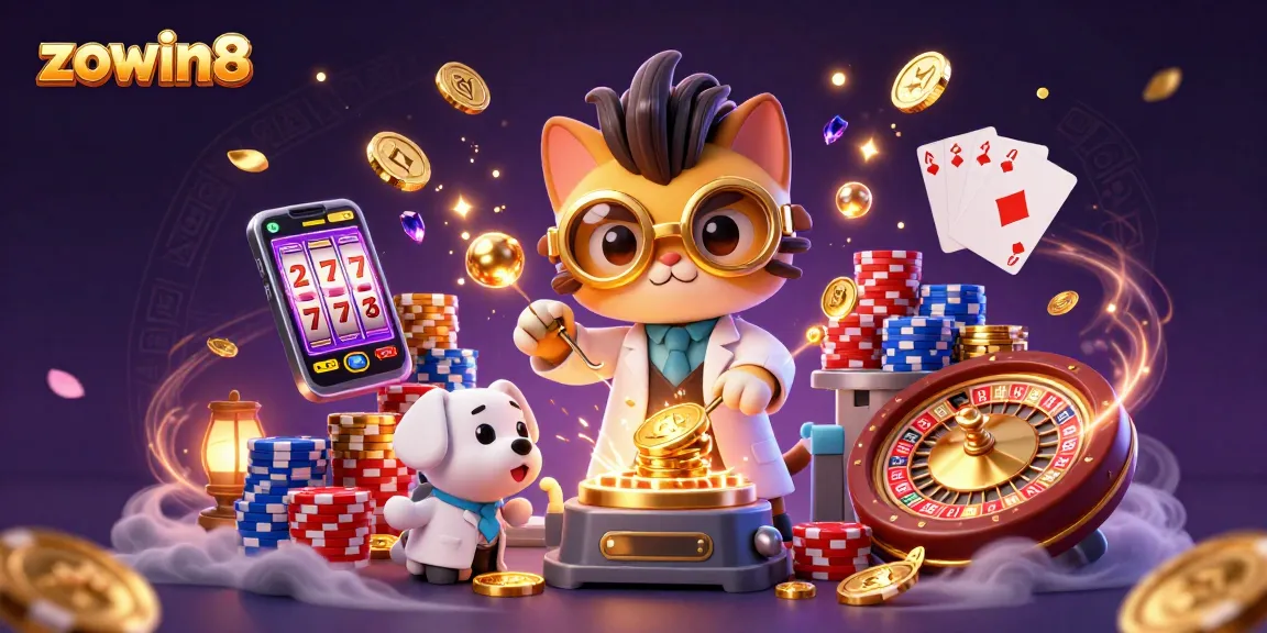 Engage with zowin8's thrilling casino scene featuring a vibrant mad scientist cat and dog amid slots and gold coins.