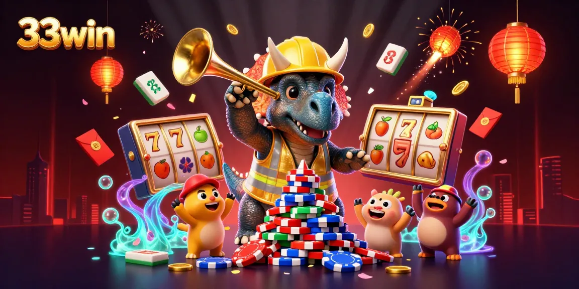 Engage with 33win as a triceratops builds poker chip pyramids amidst vibrant casino elements.