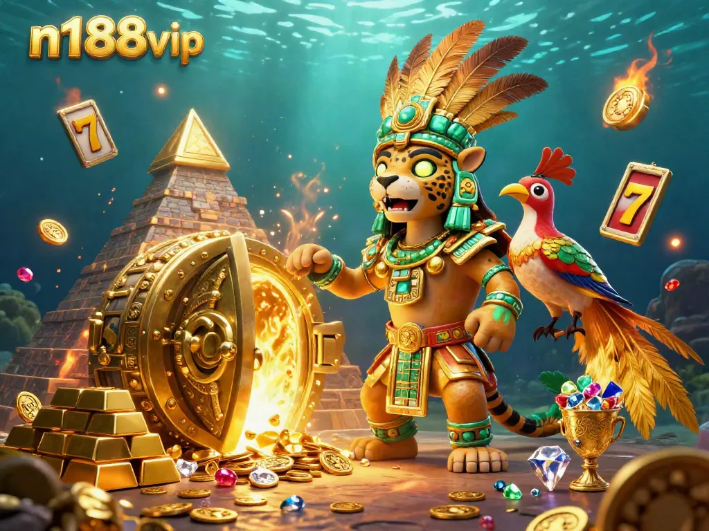 Play exciting games at n188vip with a vibrant 3D scene featuring a Mayan priest and jackpot elements.