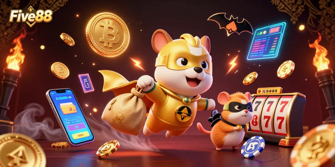Experience Five88 with a vibrant, action-packed casino illustration showcasing animated characters and gaming elements.