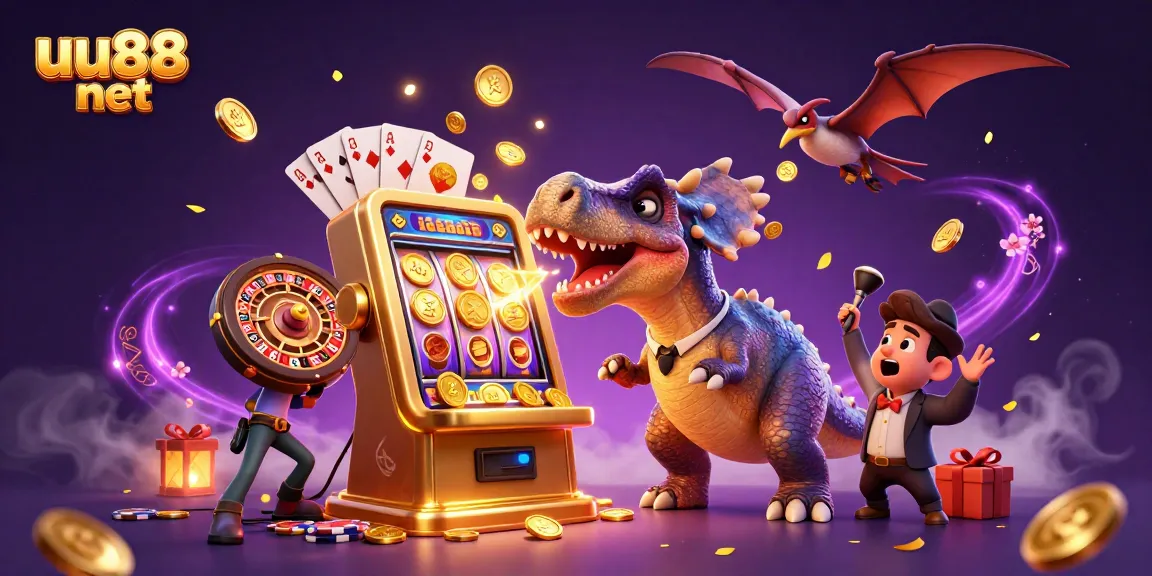 Catch the excitement at uu88 net with a pachycephalosaurus hitting a slot machine while coins fly in the air