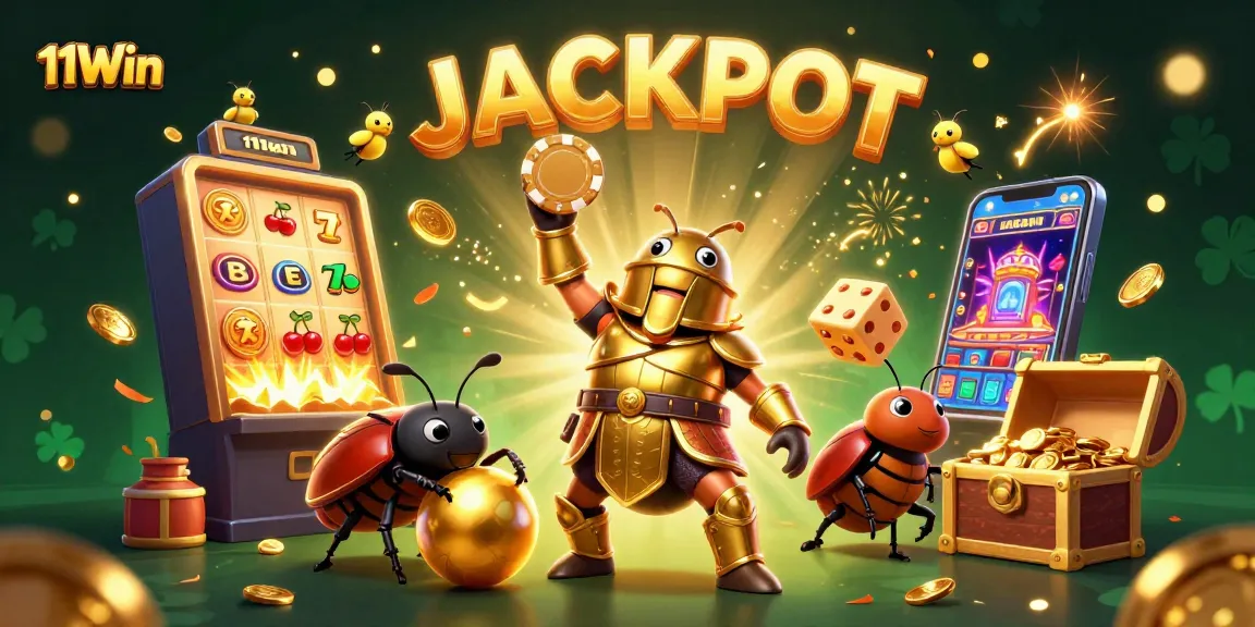 11Win strikes gold as a heroic beetle lifts a poker chip amidst a vibrant casino scene.
