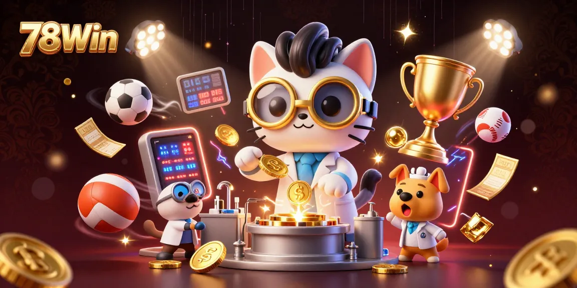 Engage in the thrill of 78Win with animated sports betting action and charming characters in a dynamic casino scene.